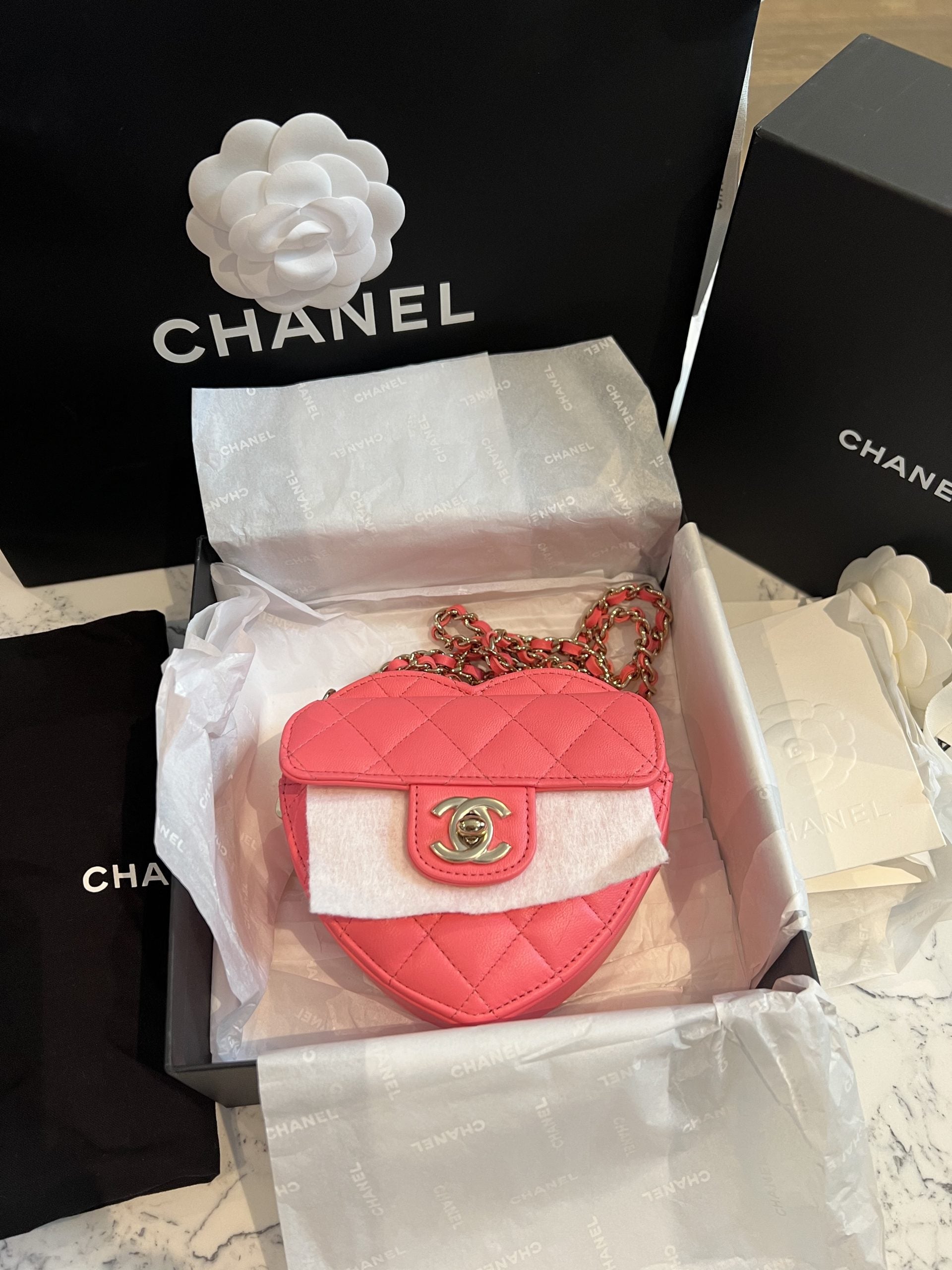 Chanel 22S Heart Clutch with Chain in Pink Lambskin | Dearluxe